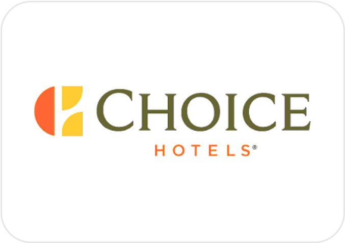 Logo of Choice Hotels featuring an orange and yellow geometric design on the left and the brand name in green and orange text on the right.