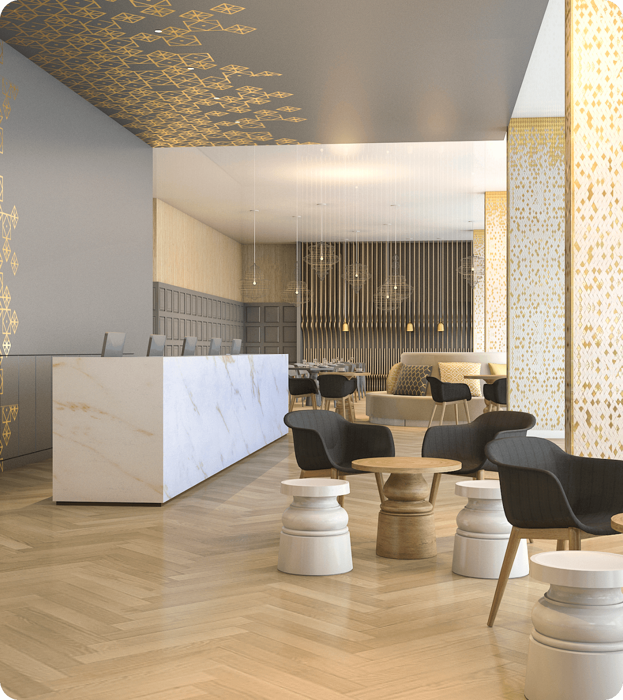 Modern hotel lobby with a marble reception desk, various seating areas, wooden flooring, and decorative gold patterns on walls and ceiling.