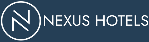 Logo of Nexus Hotels with a stylized "N" inside a circle on the left and the text "NEXUS HOTELS" to the right, set against a dark blue background.